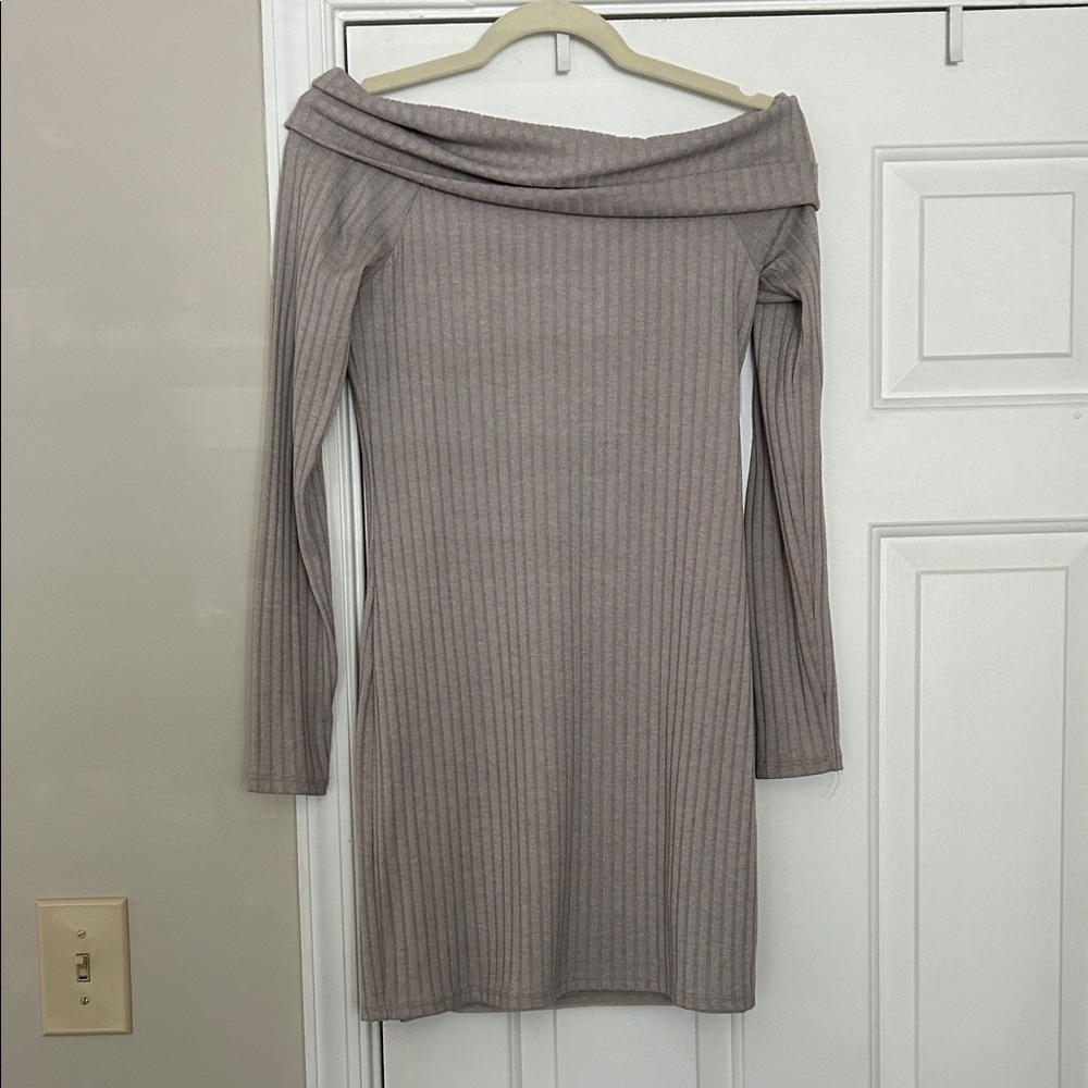 Silence + Noise Ribbed Long Sleeve Dress in Taupe